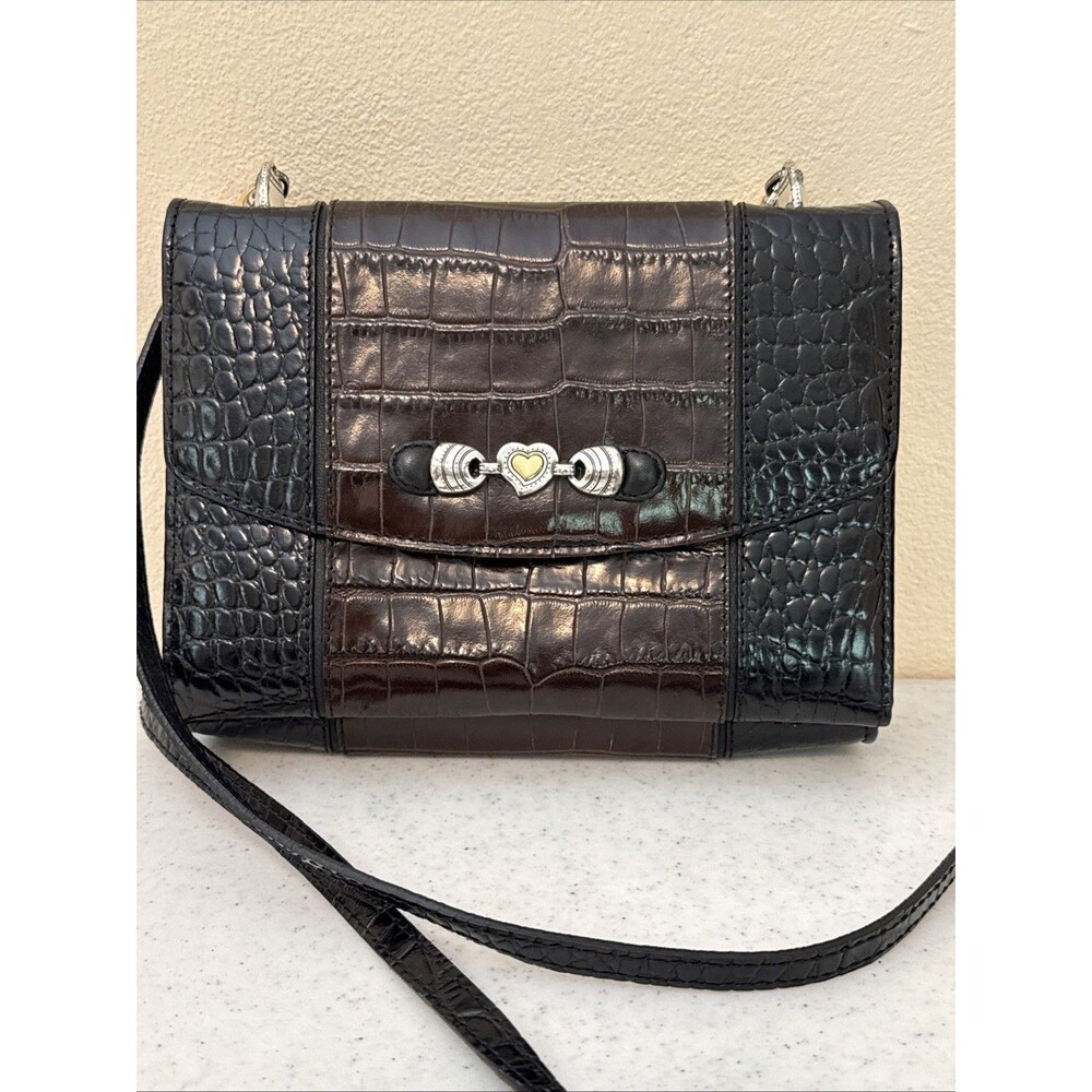 Brighton Vintage Black Brown Leather Organizer Wallet Purse Crossbody Bag Emboss